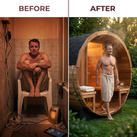 Barrel Sauna Crafted for Traditional Steam Sessions, 6-Person Red Cedar, 1800mm Diameter, Exterior Benches — Before & After