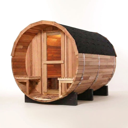 Barrel Sauna Crafted for Traditional Steam Sessions, 6-Person Red Cedar, 1800mm Diameter, Exterior Benches — Studio Shot