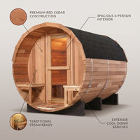 Barrel Sauna Crafted for Traditional Steam Sessions, 6-Person Red Cedar, 1800mm Diameter, Exterior Benches — infographic