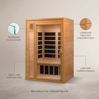 Infrared Sauna Built for Home Wellness, Low EMF Carbon Panels, Canadian Hemlock Wood, 2 Person Capacity — infographic