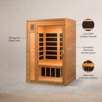 Infrared Sauna Built for Home Wellness, Low EMF Carbon Panels, Canadian Hemlock Wood, 2 Person Capacity — infographic