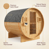 Outdoor Traditional Sauna, 4-6 Person Wooden Sauna, Steam Wet Wood Sauna with 220V with 6KW Heater, Sauna Stone, Thermometer — infographic